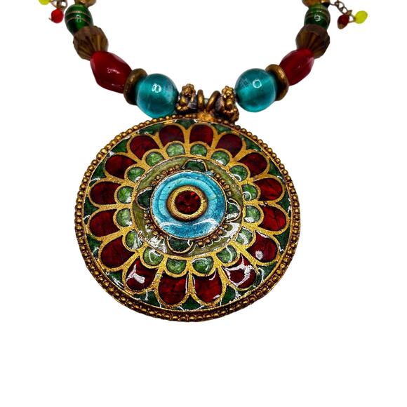 VTG Y2K Boho Chic Enameled Brass Medallion Choker Necklace Artsy Bohemian - Picture 3 of 7